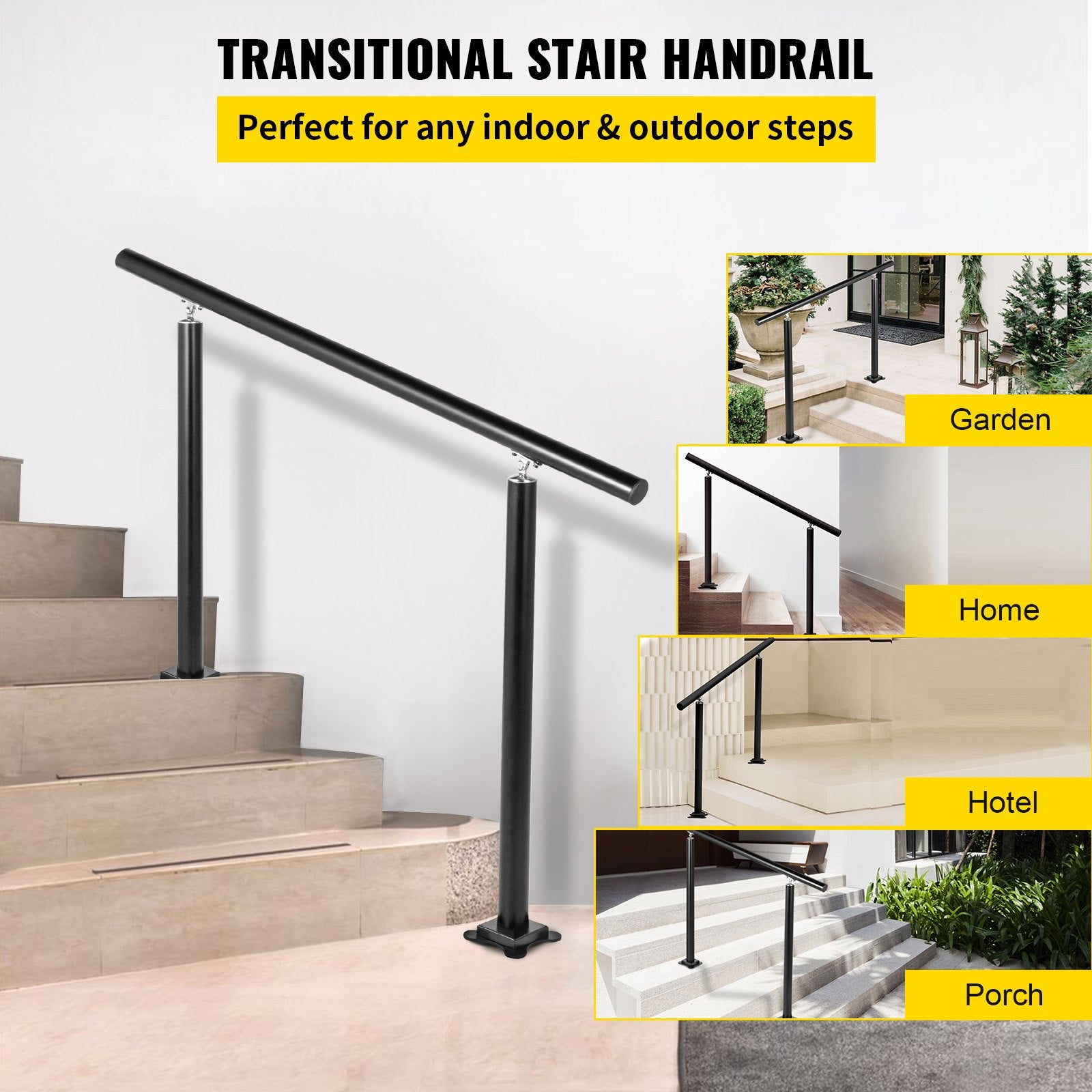 Handrail Outdoor Stairs 4ft/34", Adjustable 0-60°, Black Aluminum Stair Railing