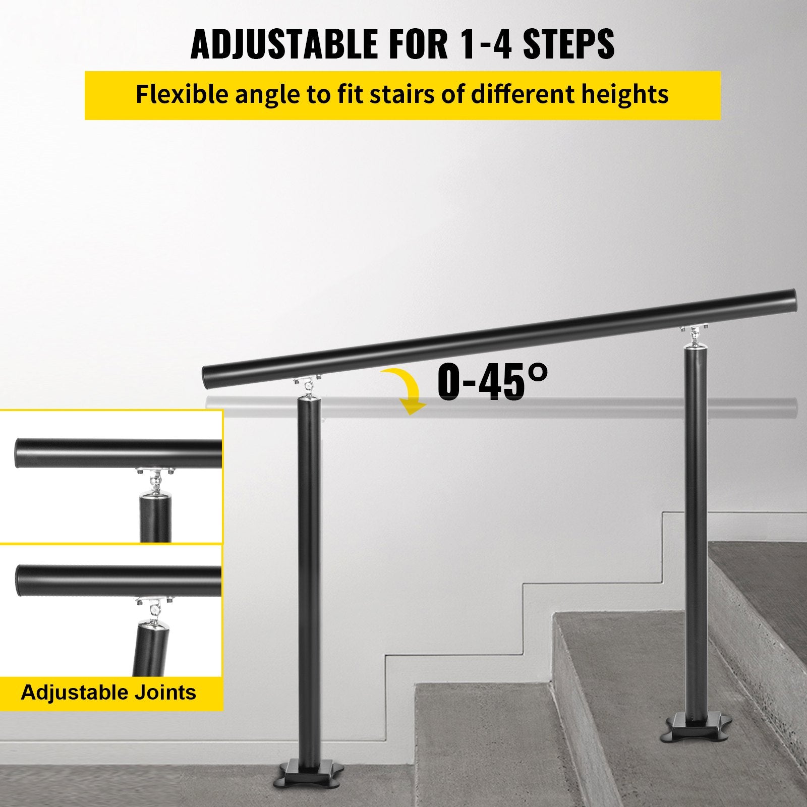 Handrail Outdoor Stairs 4ft/34", Adjustable 0-60°, Black Aluminum Stair Railing