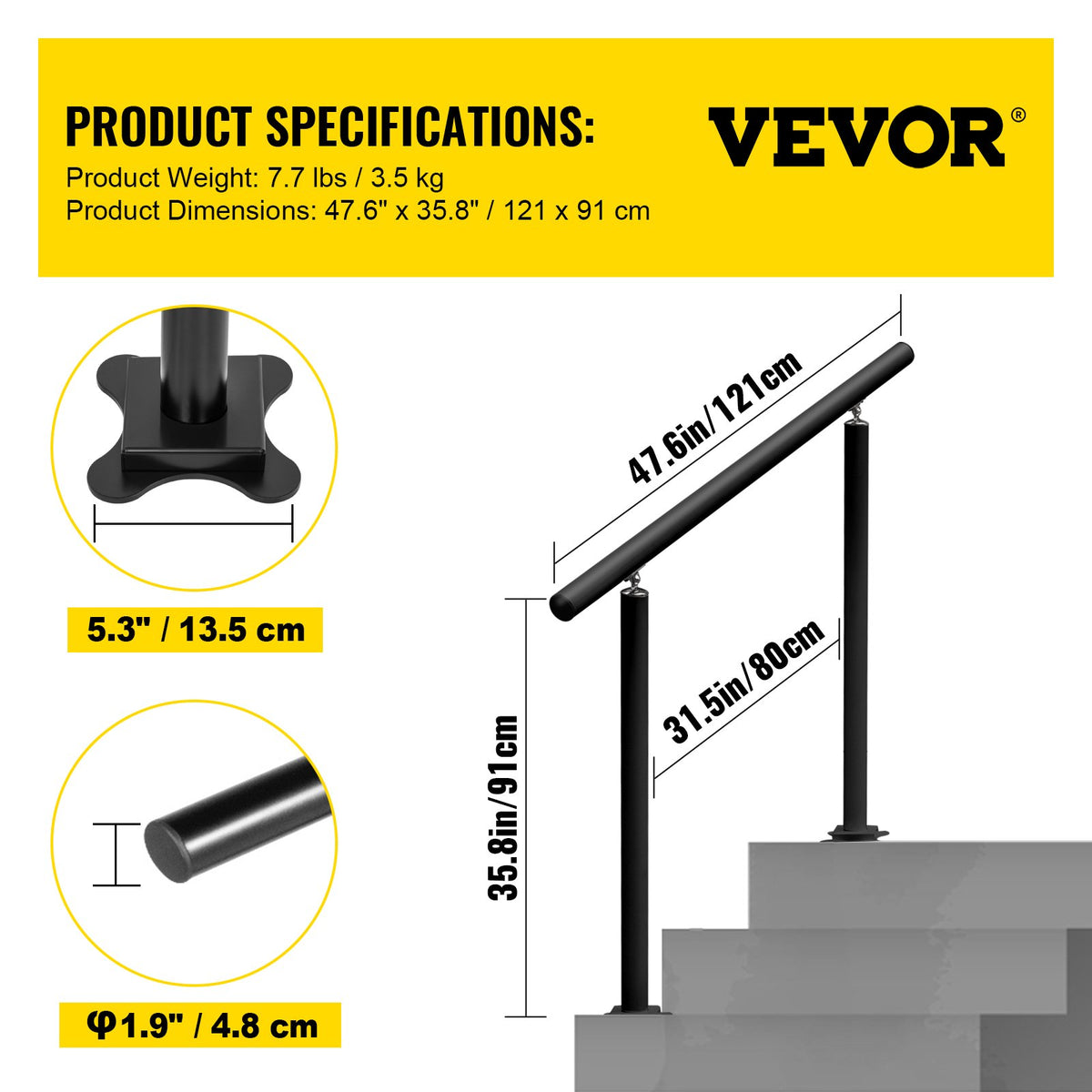 Handrail Outdoor Stairs 4ft/34", Adjustable 0-60°, Black Aluminum Stair Railing