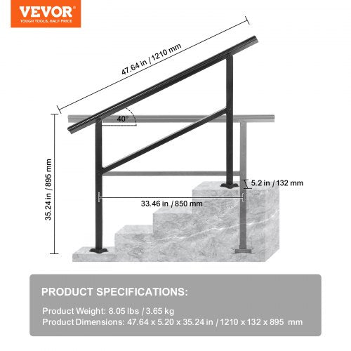 VEVOR Adjustable Outdoor Stair Aluminum Handrail 48 x 35.5 Inch Railing