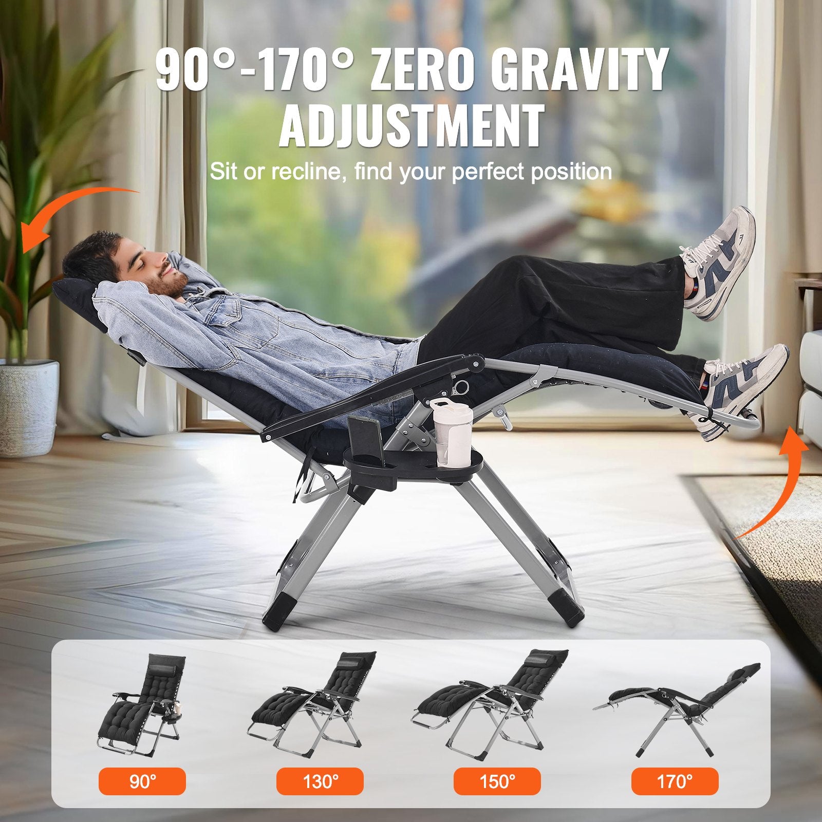 Zero Gravity Chair 26in Adjustable Indoor Outdoor Cushion Headrest Footrest