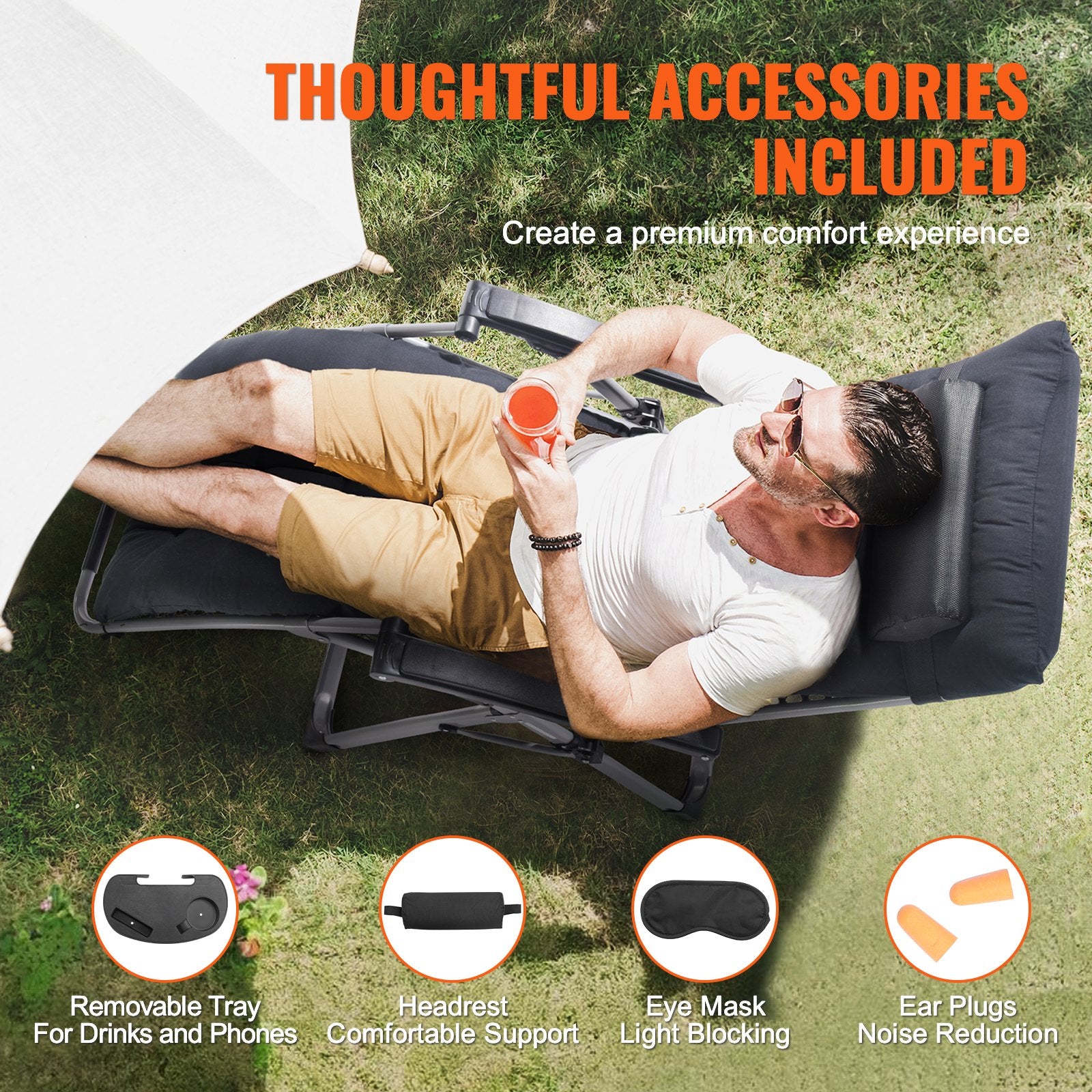 Zero Gravity Chair 26in Adjustable Indoor Outdoor Cushion Headrest Footrest