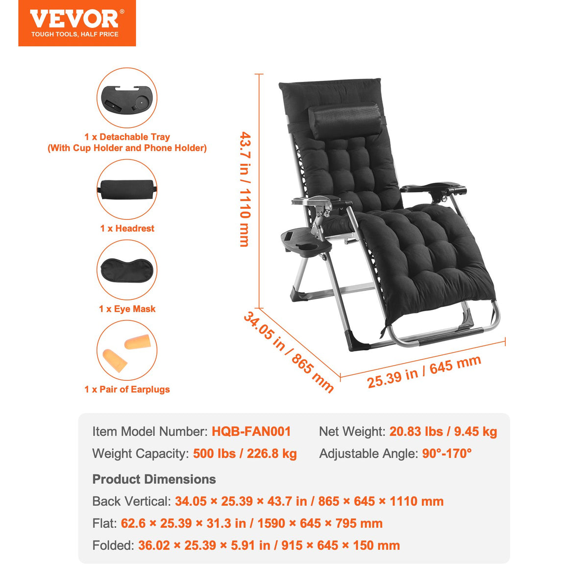 Zero Gravity Chair 26in Adjustable Indoor Outdoor Cushion Headrest Footrest