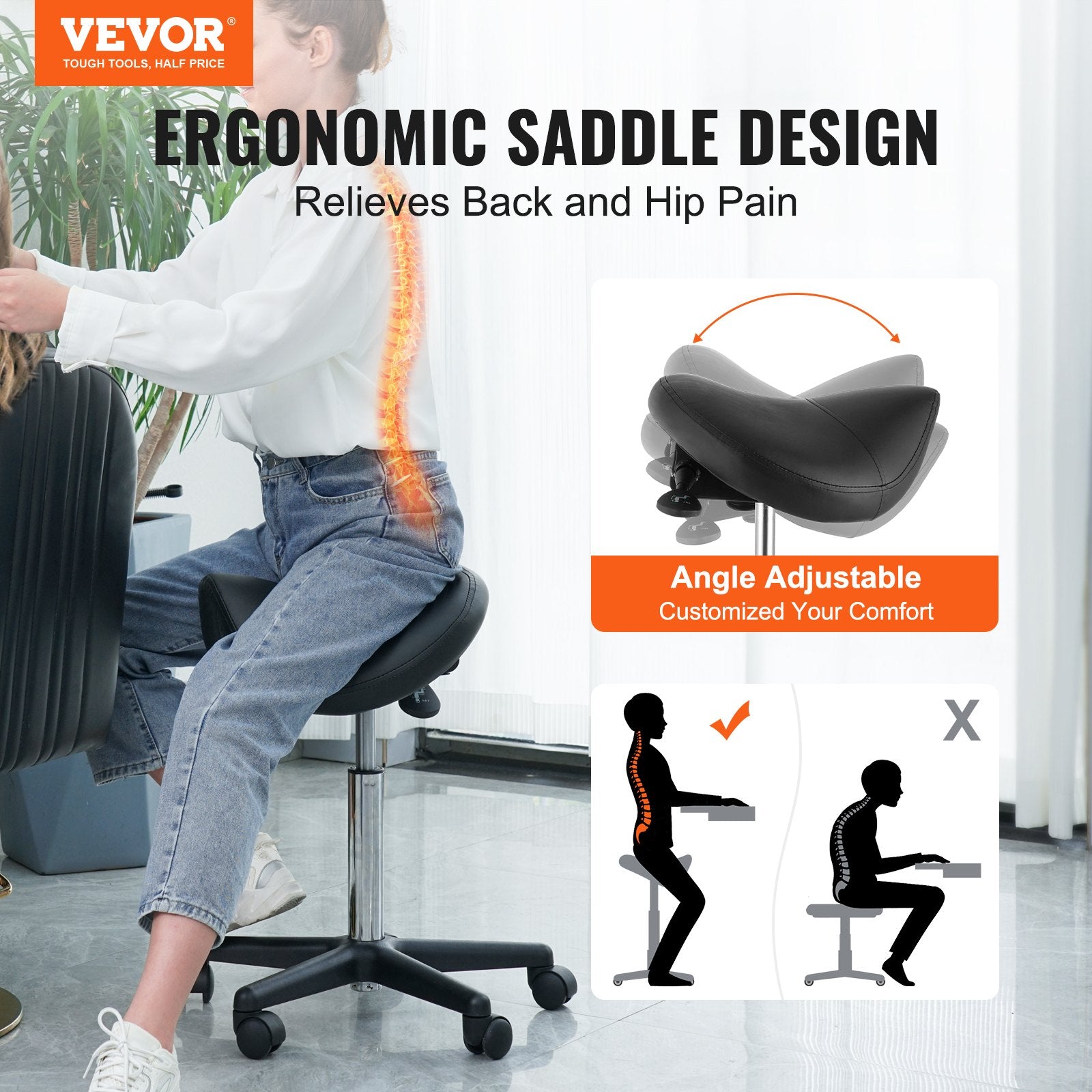 Saddle Stool Ergonomic Height Adjustable PU Leather Swivel Wheels 400lbs Black