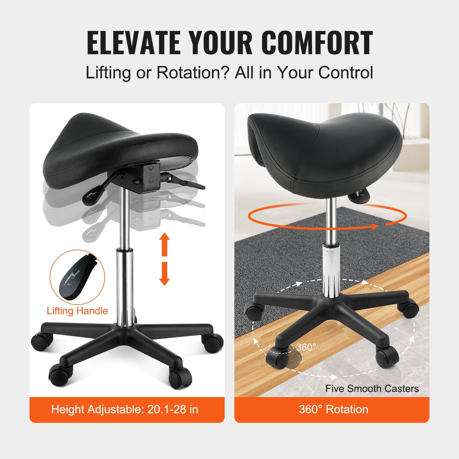 Saddle Stool Ergonomic Height Adjustable PU Leather Swivel Wheels 400lbs Black