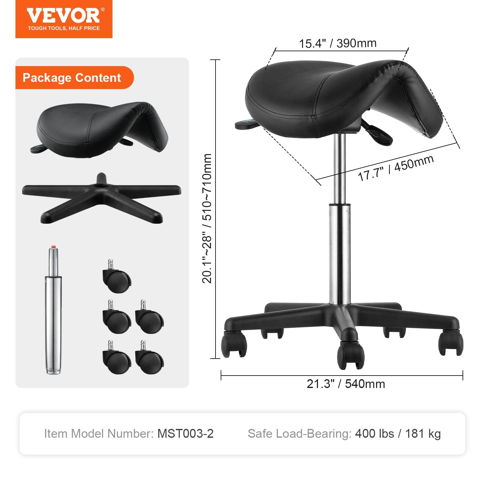Saddle Stool Ergonomic Height Adjustable PU Leather Swivel Wheels 400lbs Black