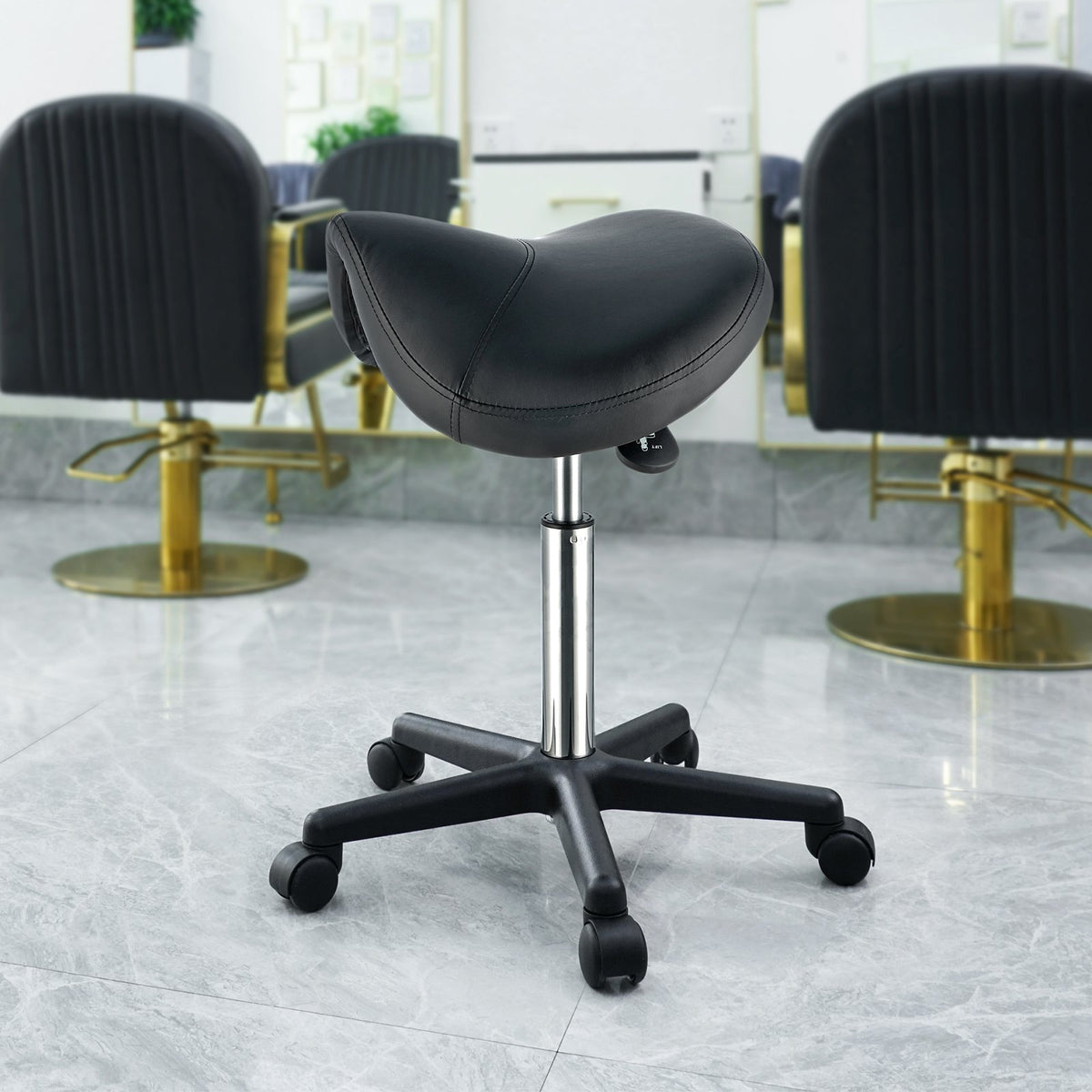 Saddle Stool Ergonomic Height Adjustable PU Leather Swivel Wheels 400lbs Black