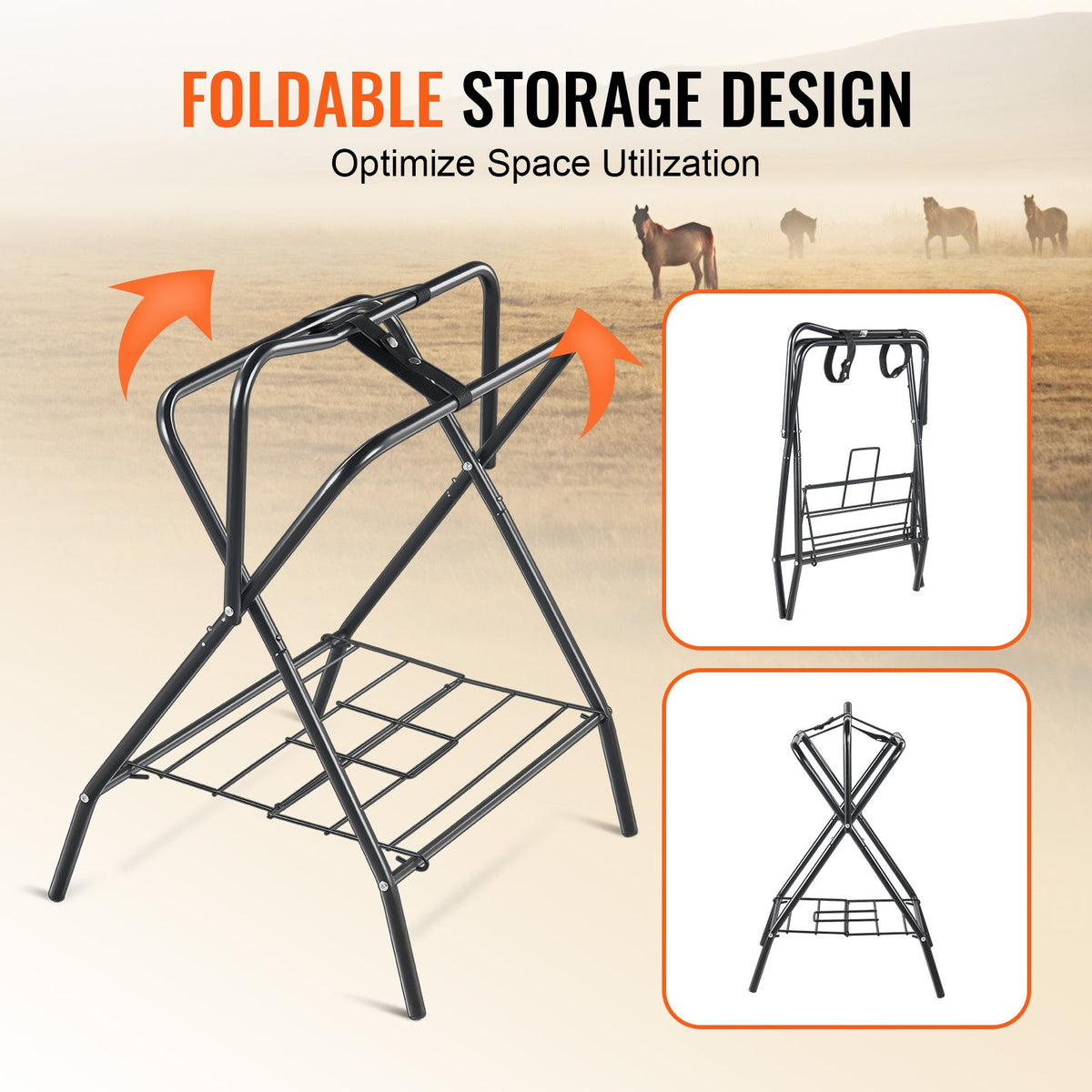 28x19x37.5in Folding Saddle Rack Heavy Duty Steel Freestanding Tack Stand Black