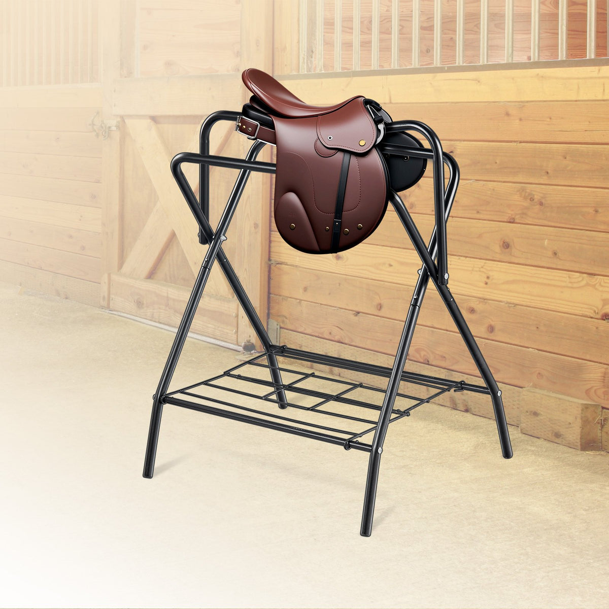 28x19x37.5in Folding Saddle Rack Heavy Duty Steel Freestanding Tack Stand Black