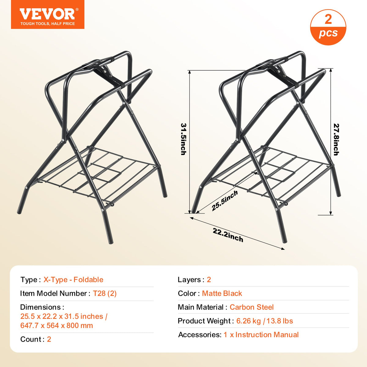 Folding Saddle Rack 28x19x37.5in 2Pack Freestanding Heavy Duty Steel Stand Black