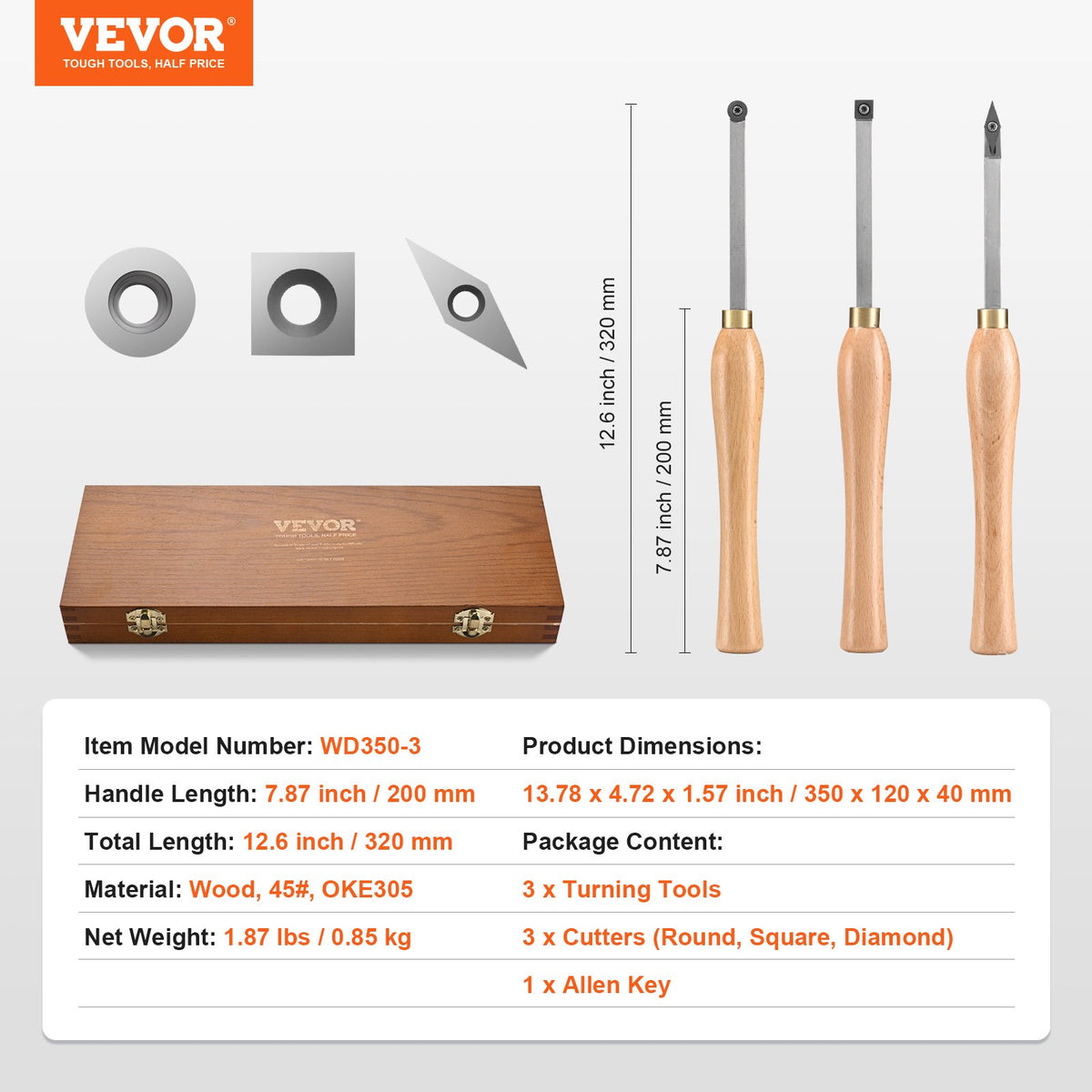 Wood Lathe Chisel Set 3PCS Turning Tools Carbide Blades with Wooden Box