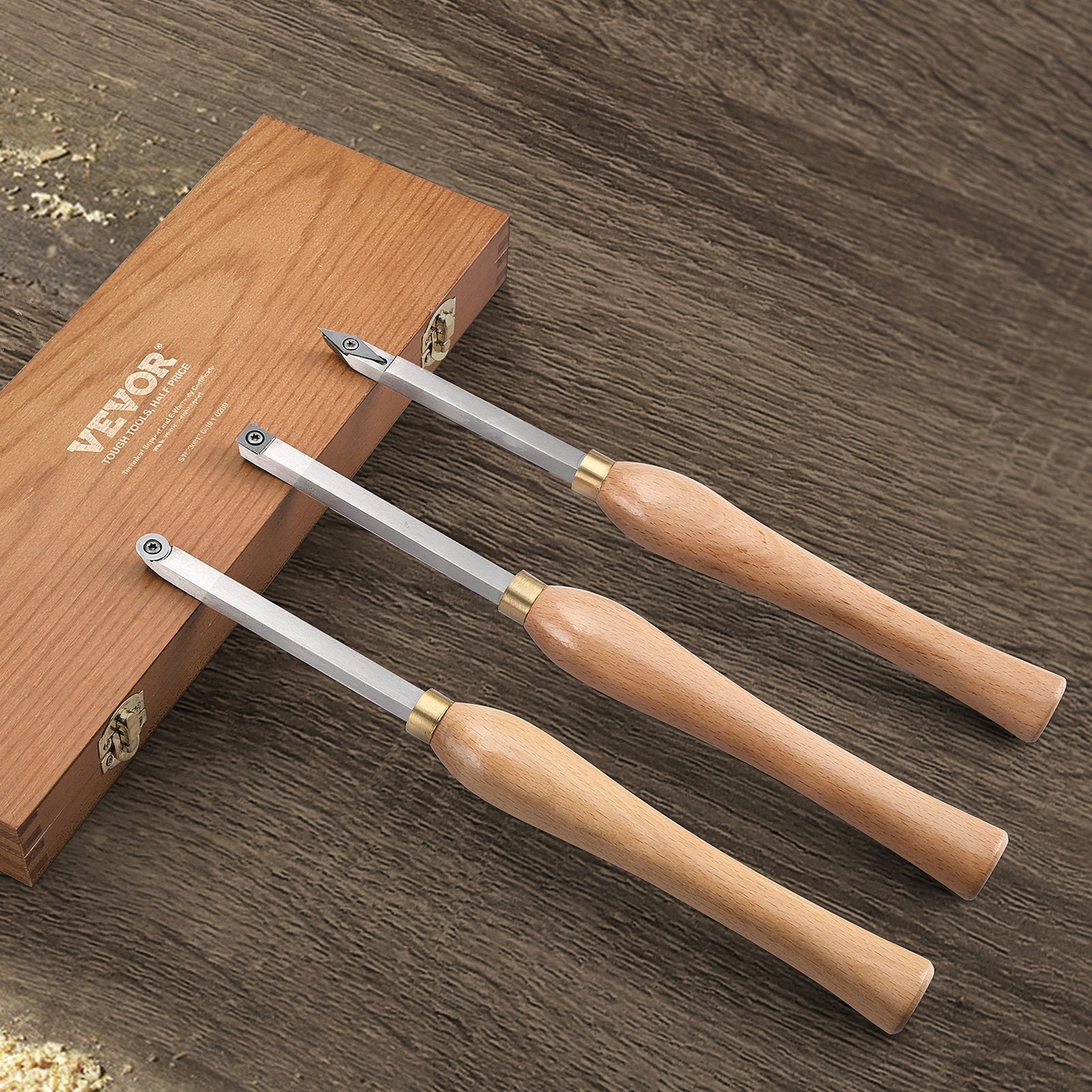 Wood Lathe Chisel Set 3PCS Turning Tools Carbide Blades with Wooden Box