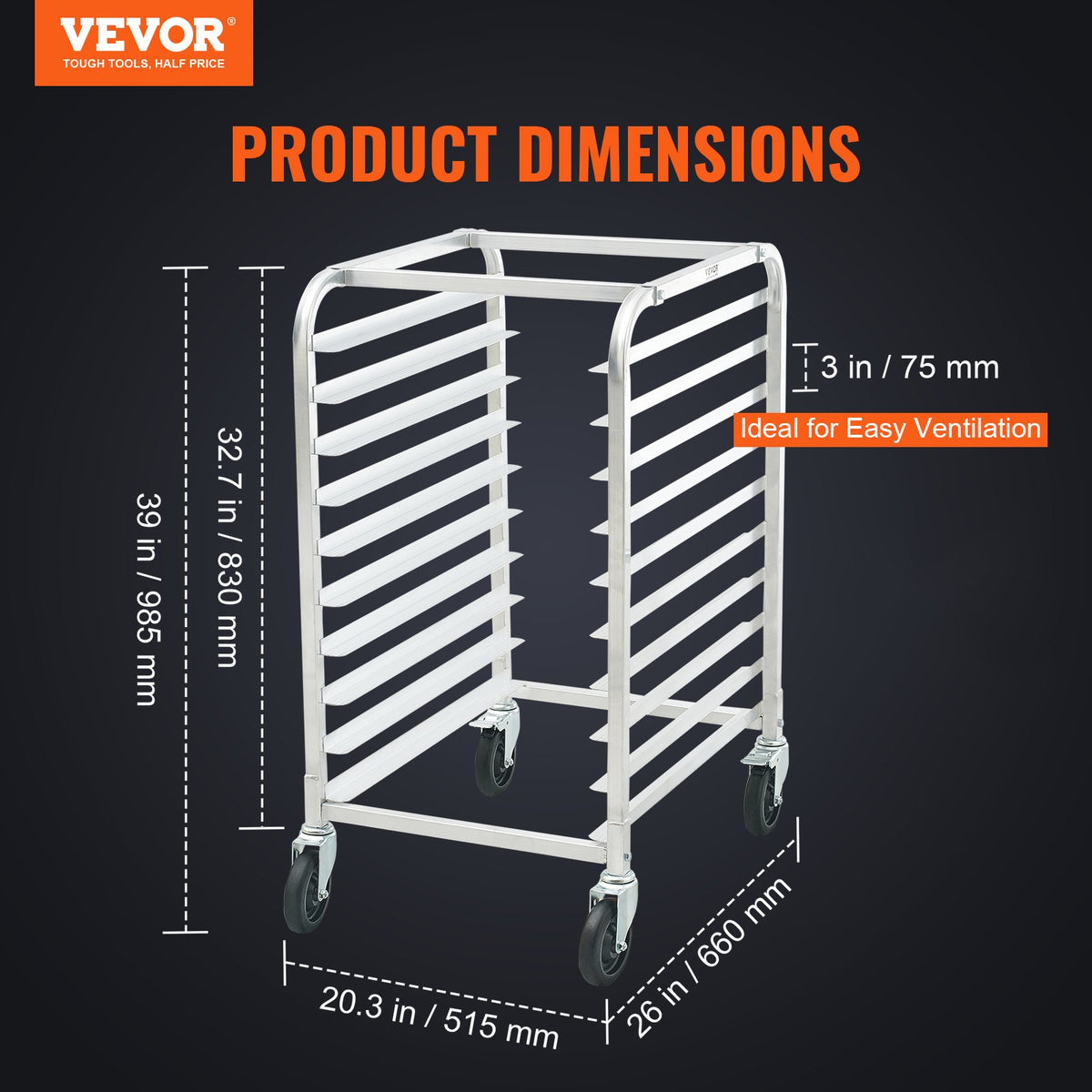 Bun Pan Rack 10Tier Aluminum Commercial Bakery Racking Trolley with Brake Wheels