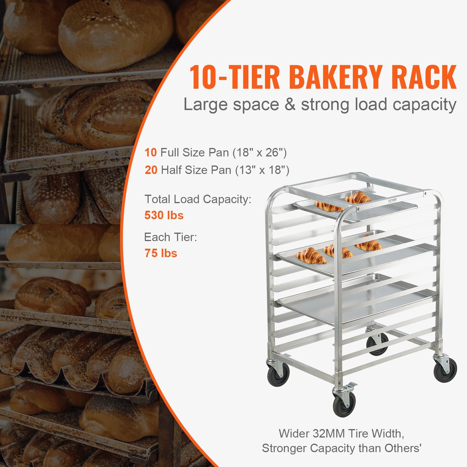 Bun Pan Rack 10Tier Aluminum Commercial Bakery Racking Trolley with Brake Wheels