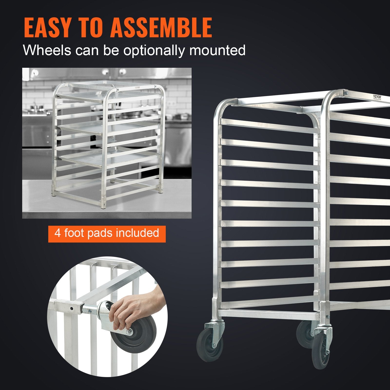 Bun Pan Rack 10Tier Aluminum Commercial Bakery Racking Trolley with Brake Wheels