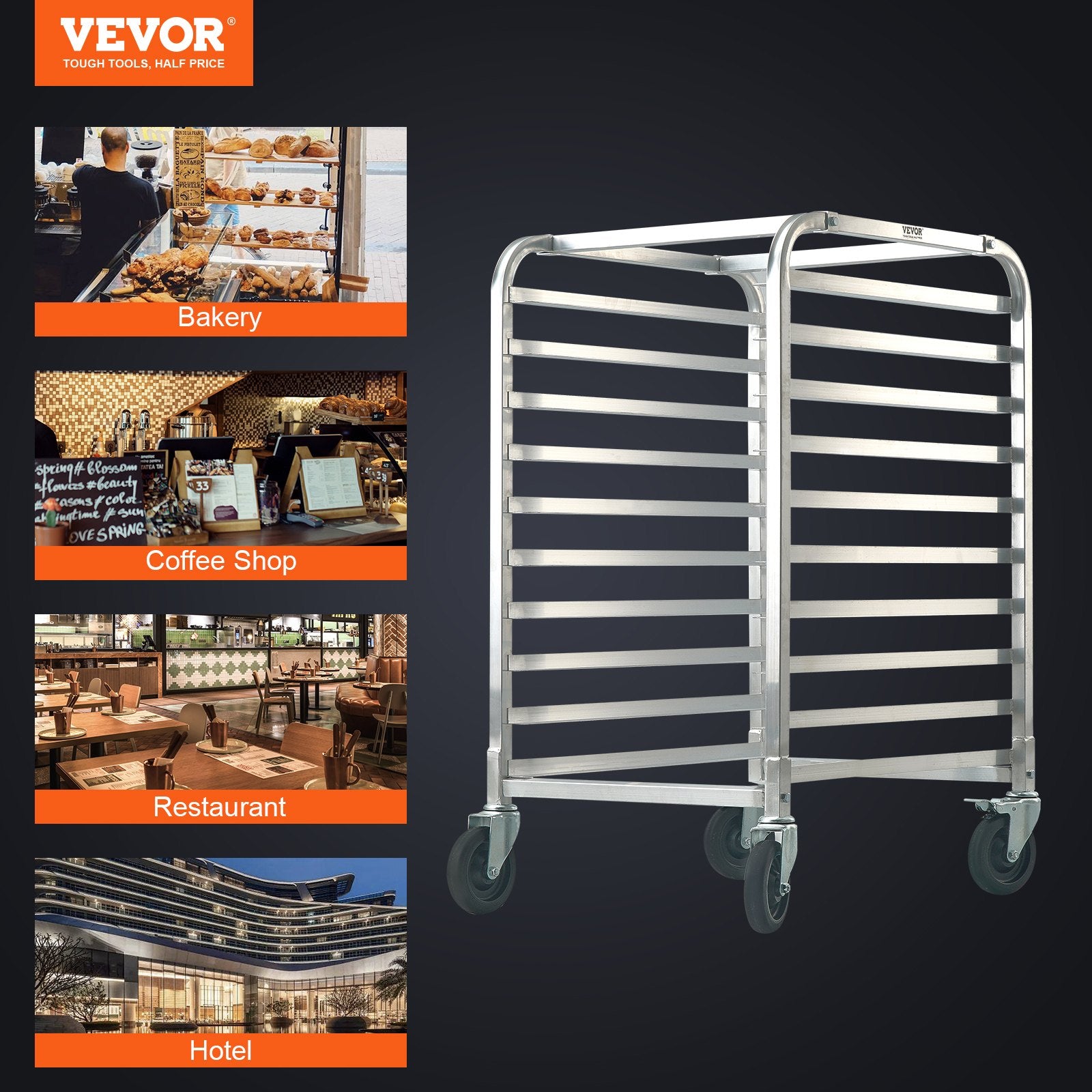 Bun Pan Rack 10Tier Aluminum Commercial Bakery Racking Trolley with Brake Wheels