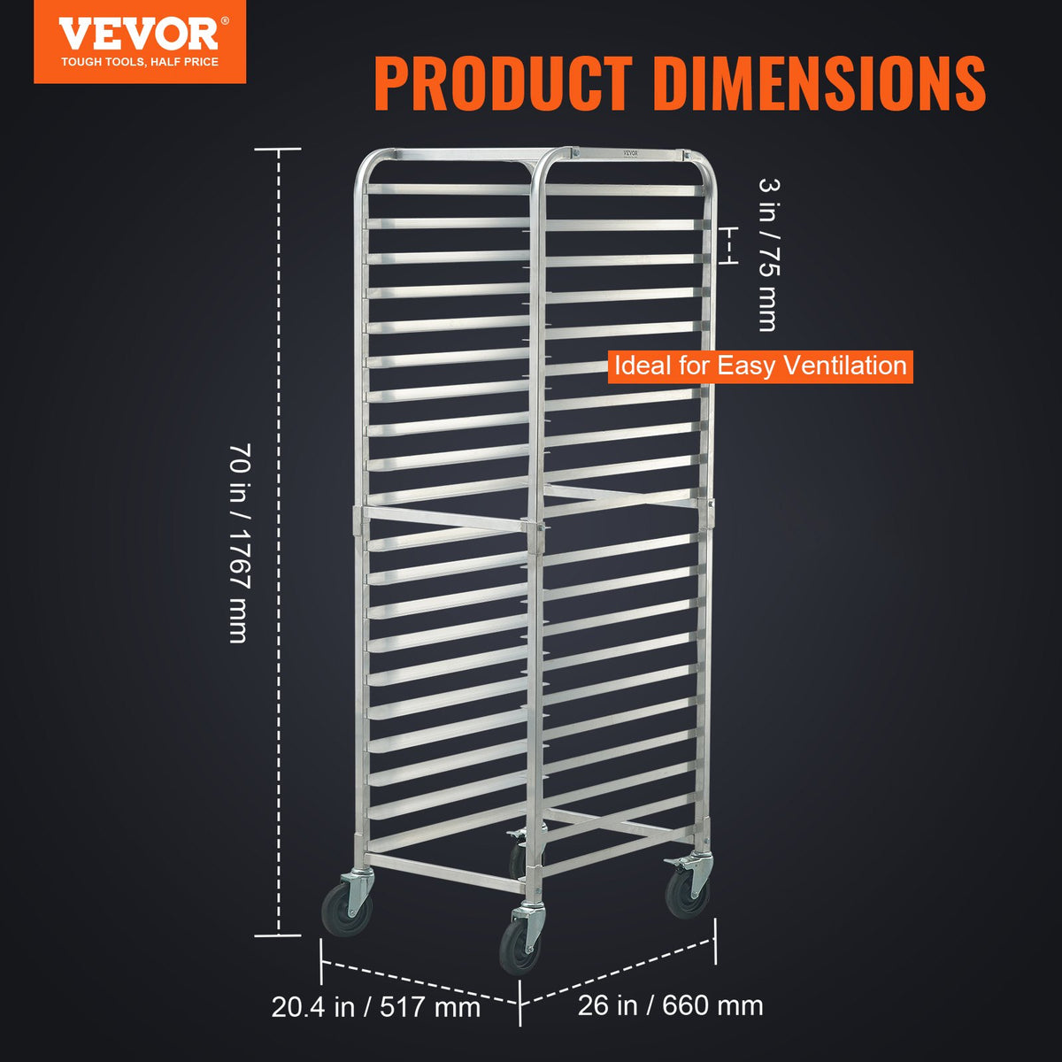 Bun Pan Rack 20Tier Aluminum Commercial Bakery Racking Trolley with Brake Wheels