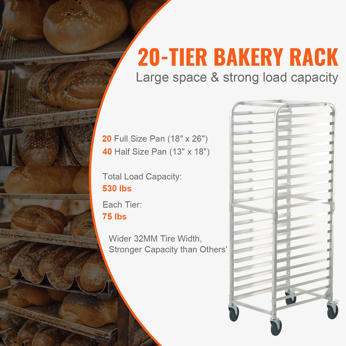 Bun Pan Rack 20Tier Aluminum Commercial Bakery Racking Trolley with Brake Wheels
