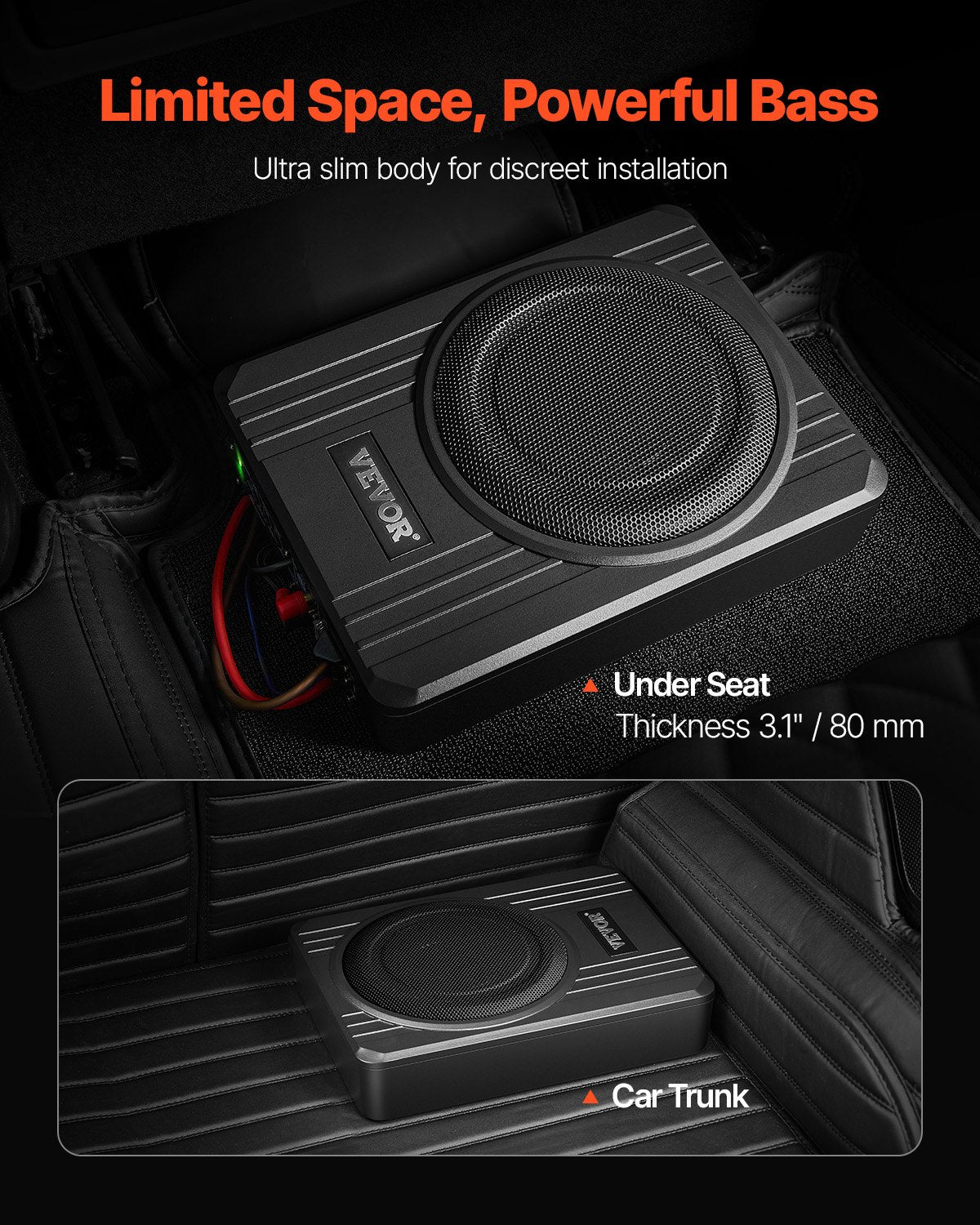 8" 400W Underseat Car Subwoofer Slim Powered Amplifier Input Controller