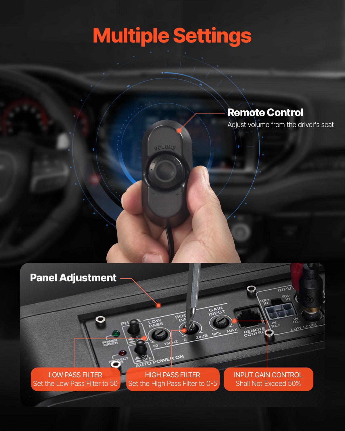 8" 400W Underseat Car Subwoofer Slim Powered Amplifier Input Controller