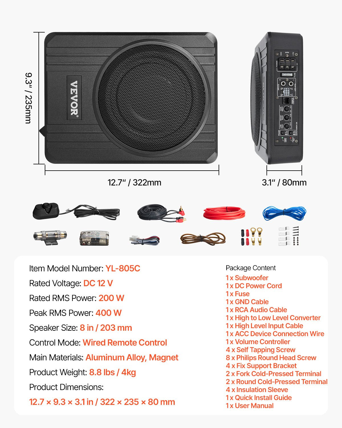 8" 400W Underseat Car Subwoofer Slim Powered Amplifier Input Controller