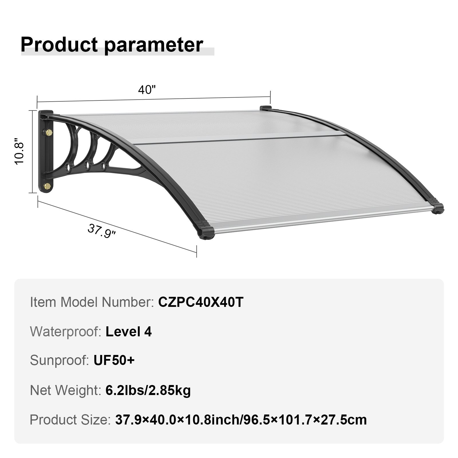 Window Door Awning Canopy 40x40in Polycarbonate Outdoor Entry Overhang