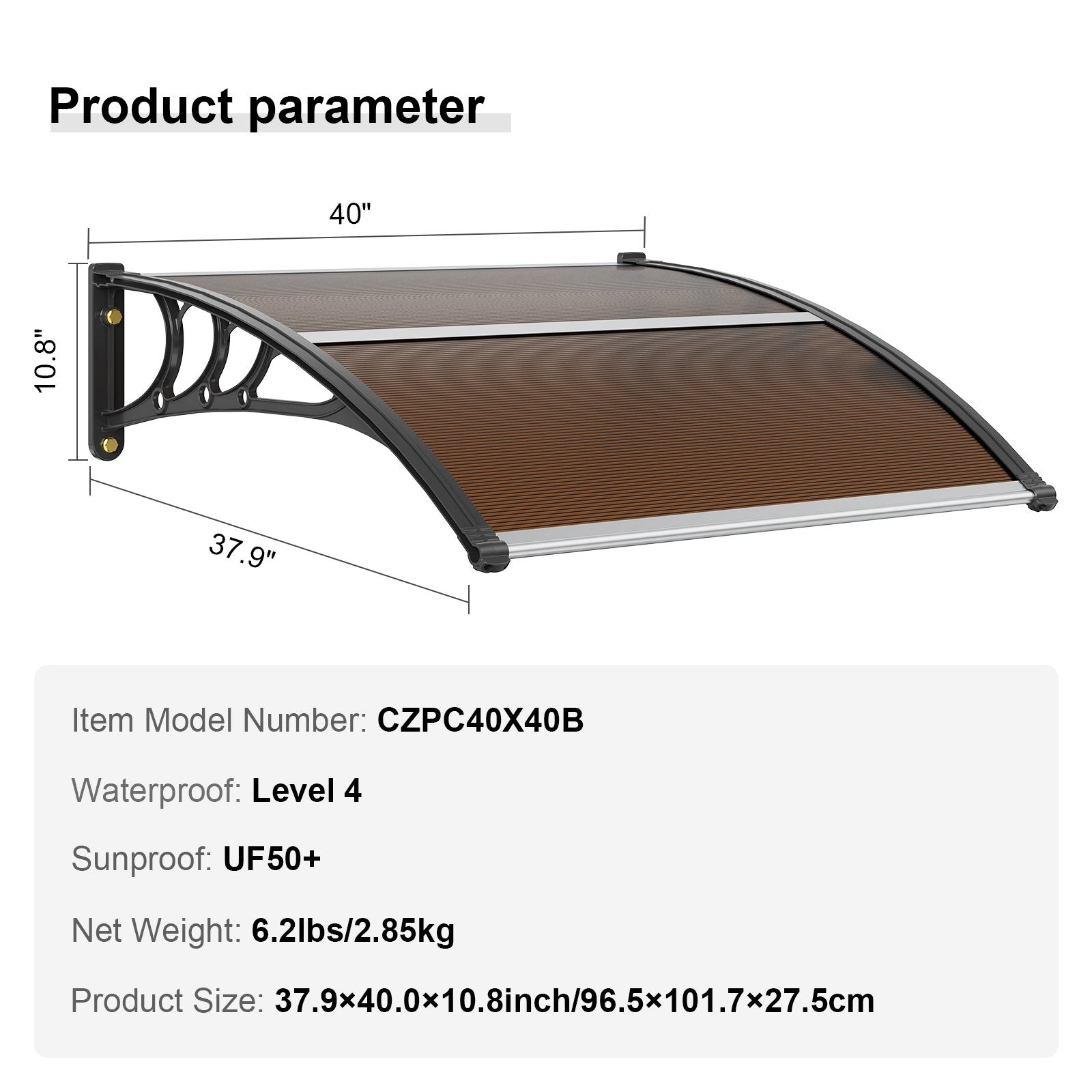 Window Door Awning Canopy 40x40in UPF50+ Polycarbonate Outdoor Overhang
