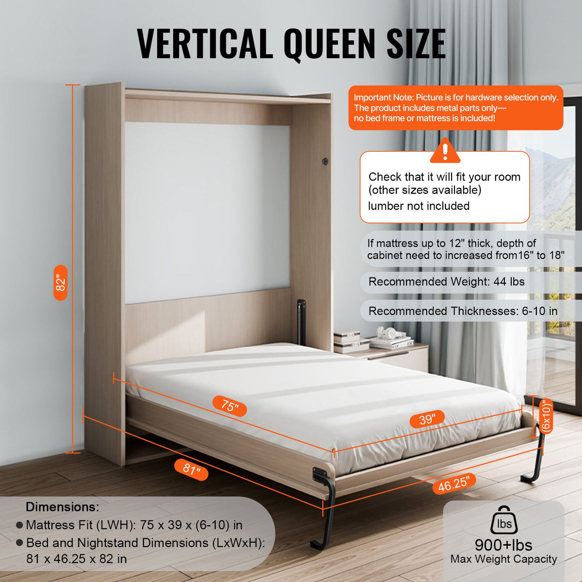 Murphy Bed Kit Twin Size Vertical DIY Pneumatic Lever Heavy Duty Wall Bed Frame