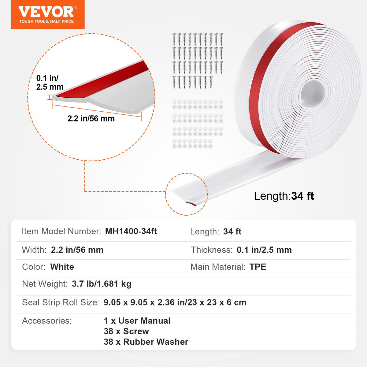 Garage Door Seal Strip 34FT Universal Weather Stripping TPE White Replacement