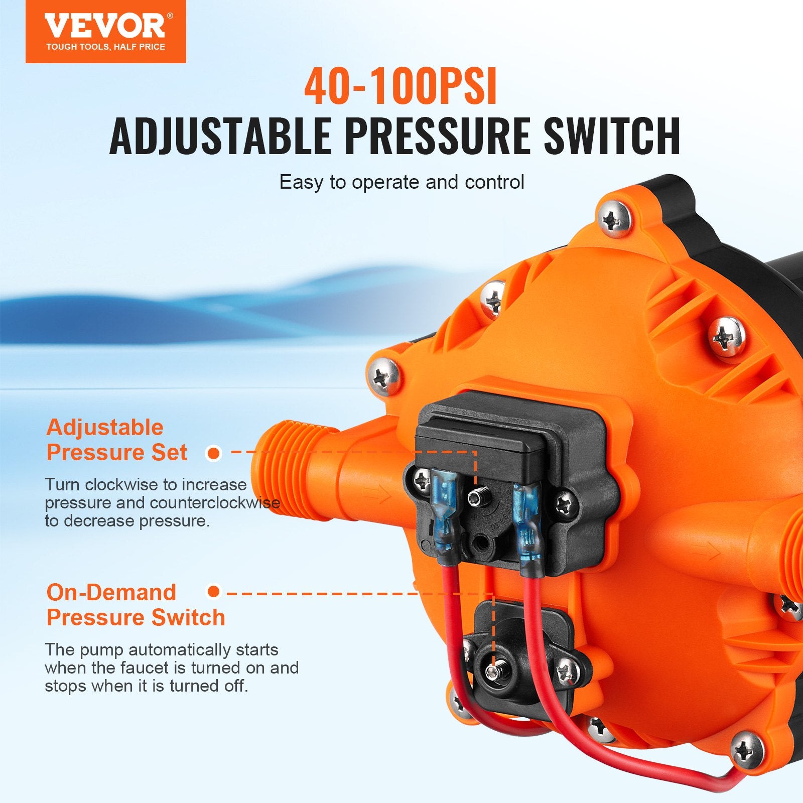 12V Diaphragm Water Pump 5.5 GPM 70 PSI Self-Priming with Pressure Switch