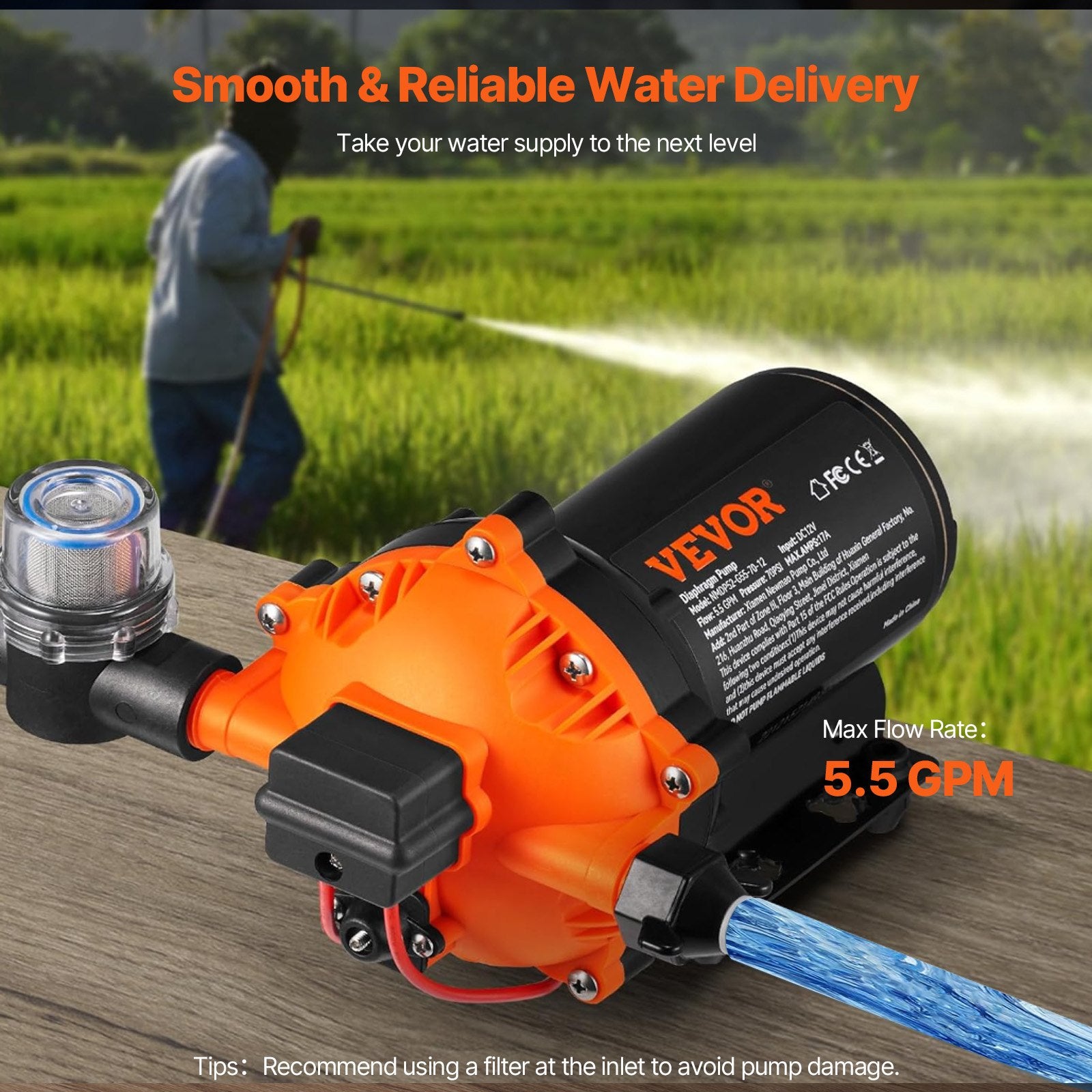12V Diaphragm Water Pump 5.5 GPM 70 PSI Self-Priming with Pressure Switch