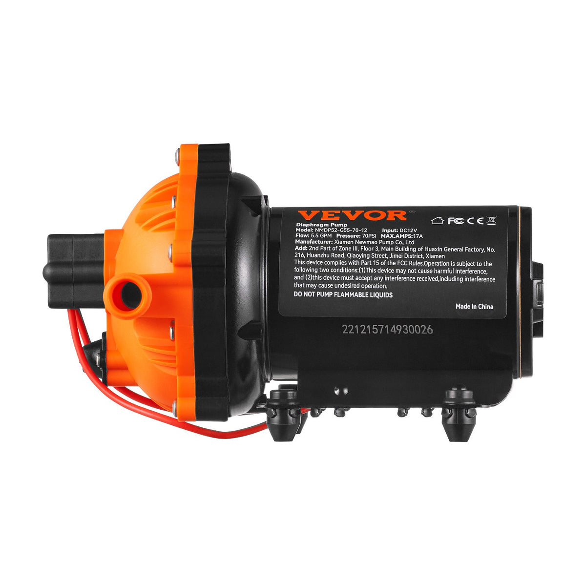 12V Diaphragm Water Pump 5.5 GPM 70 PSI Self-Priming with Pressure Switch