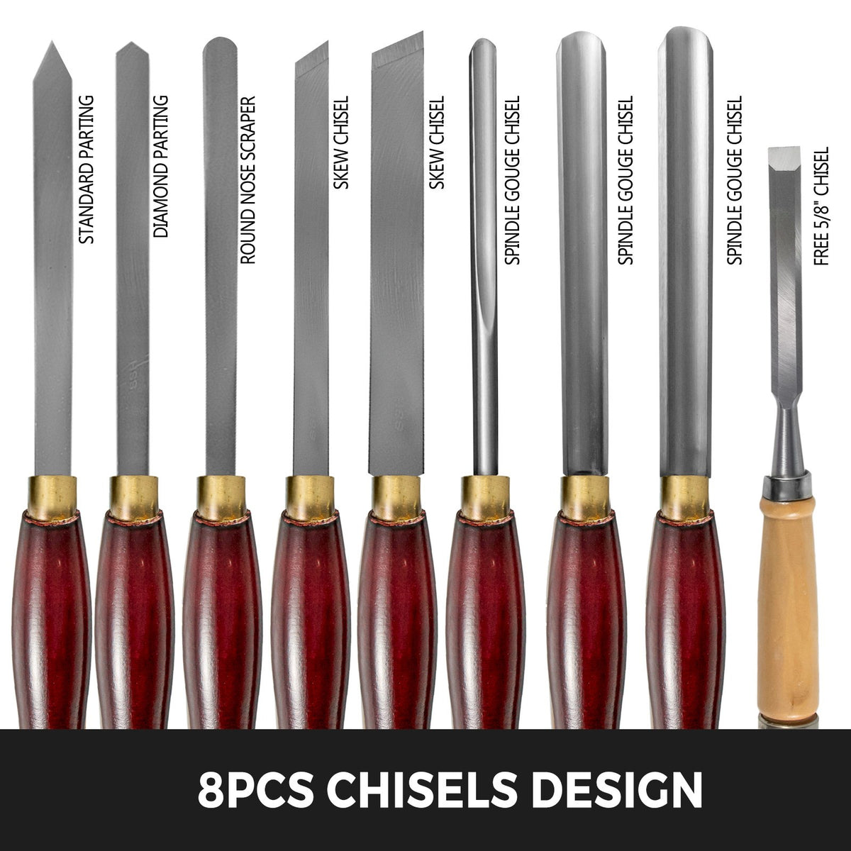 Woodworking Lathe Chisel Set 8 Piece HSS Steel Wood Turning Tools Red