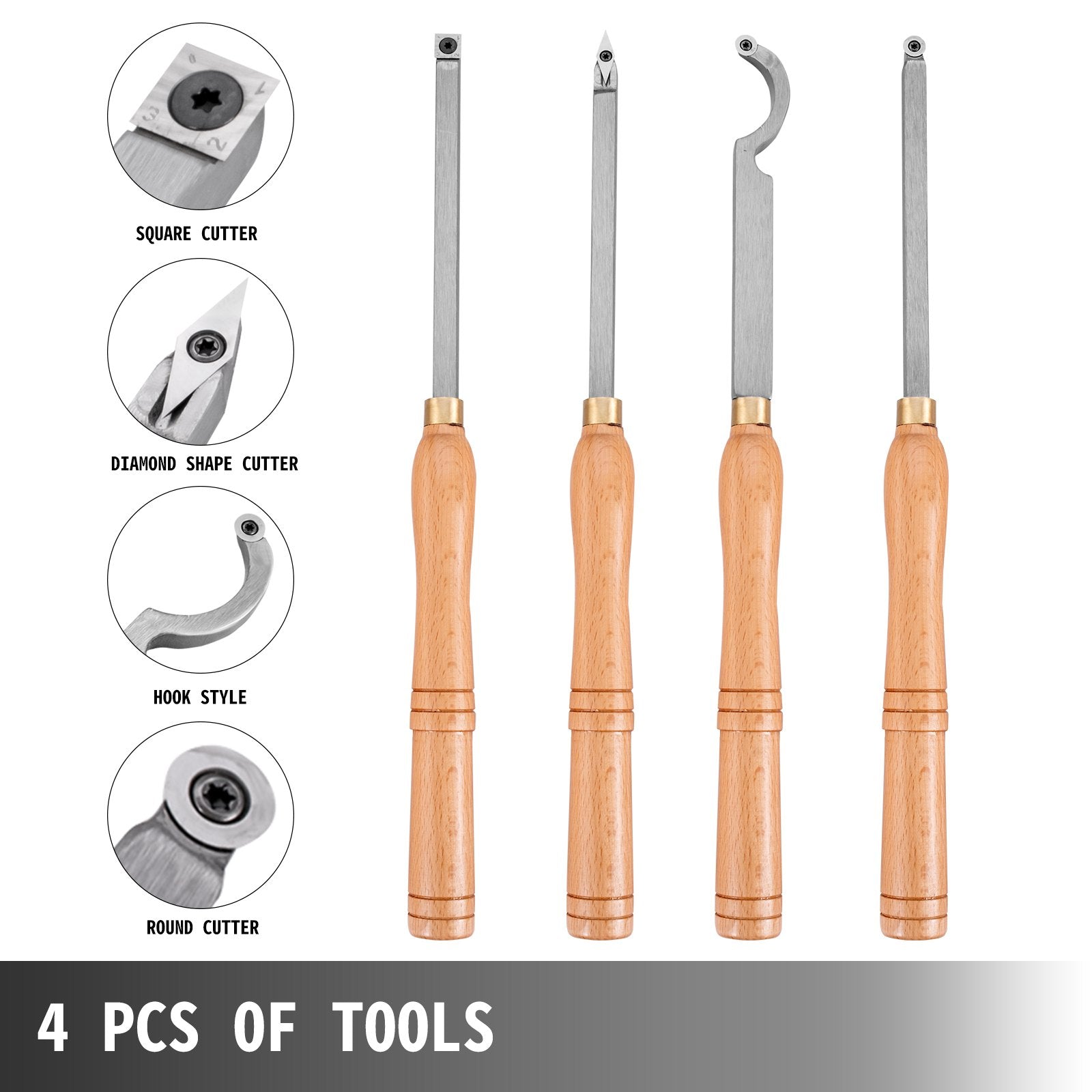 Wood Turning Tools for Lathe 4PC Set, Carbide Diamond, Round & Square Chisels