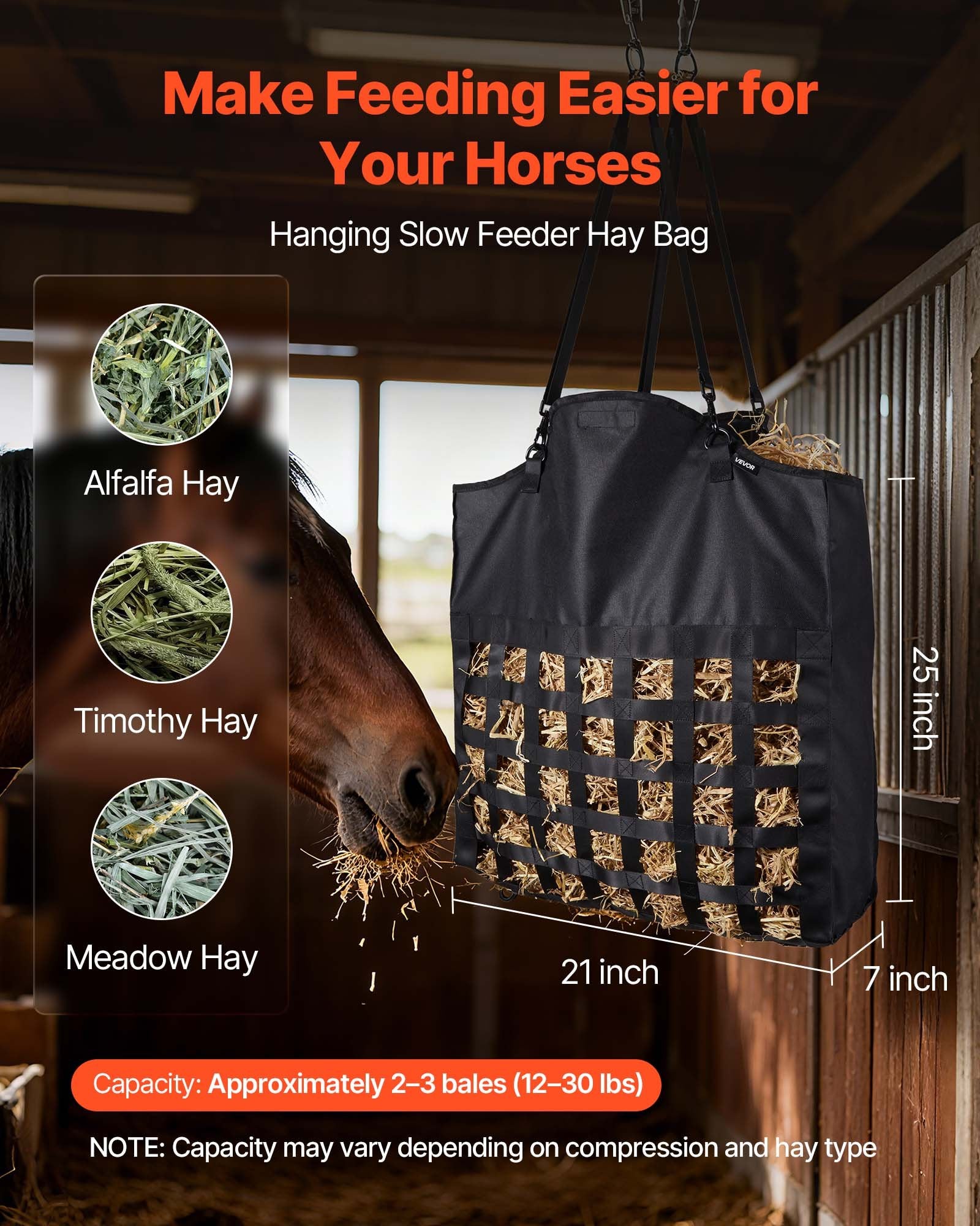 Hay Bag for Horses 55x18.5x64cm 46x46mm Holes Nylon PVC Slow Feed Adjustable
