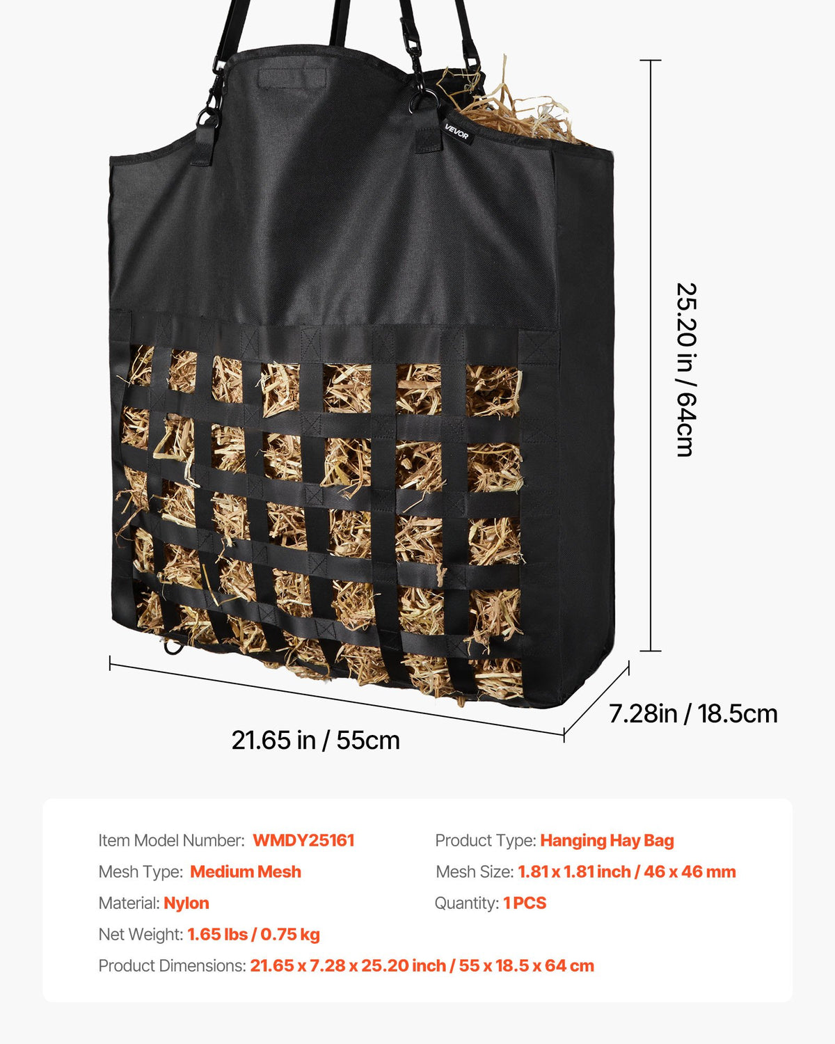 Hay Bag for Horses 55x18.5x64cm 46x46mm Holes Nylon PVC Slow Feed Adjustable