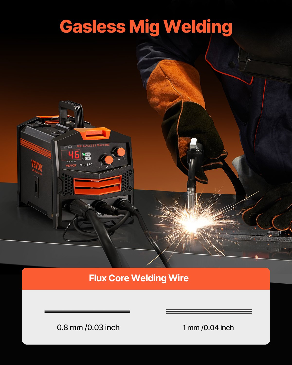 130A Gasless Flux Core MIG Welder Portable IGBT Inverter with Digital Display