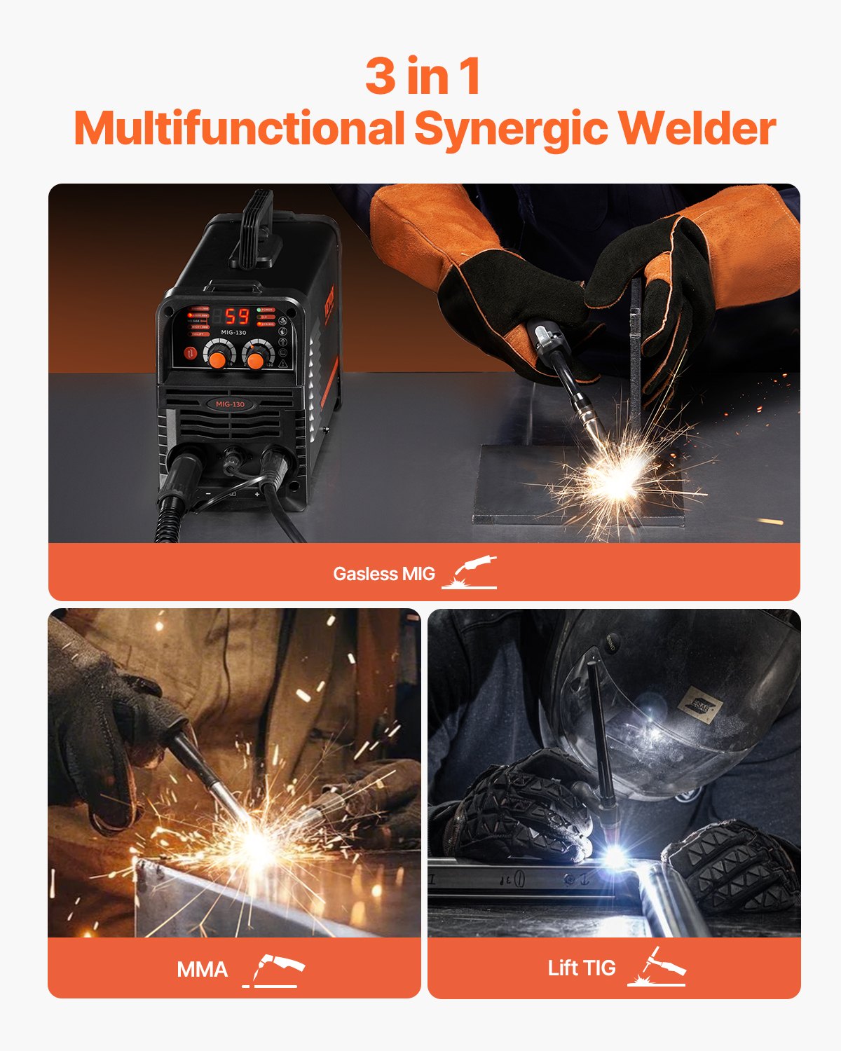 MIG Welder 130A Synergic 3-in-1 Flux Core/Stick/Lift TIG Portable Welder IGBT