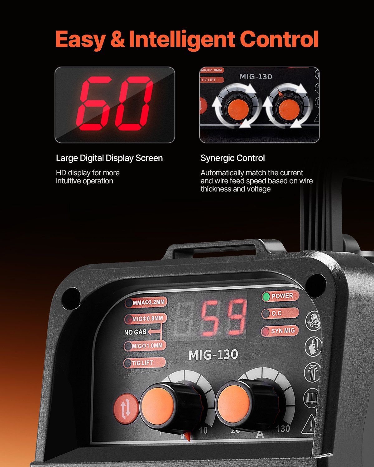 MIG Welder 130A Synergic 3-in-1 Flux Core/Stick/Lift TIG Portable Welder IGBT