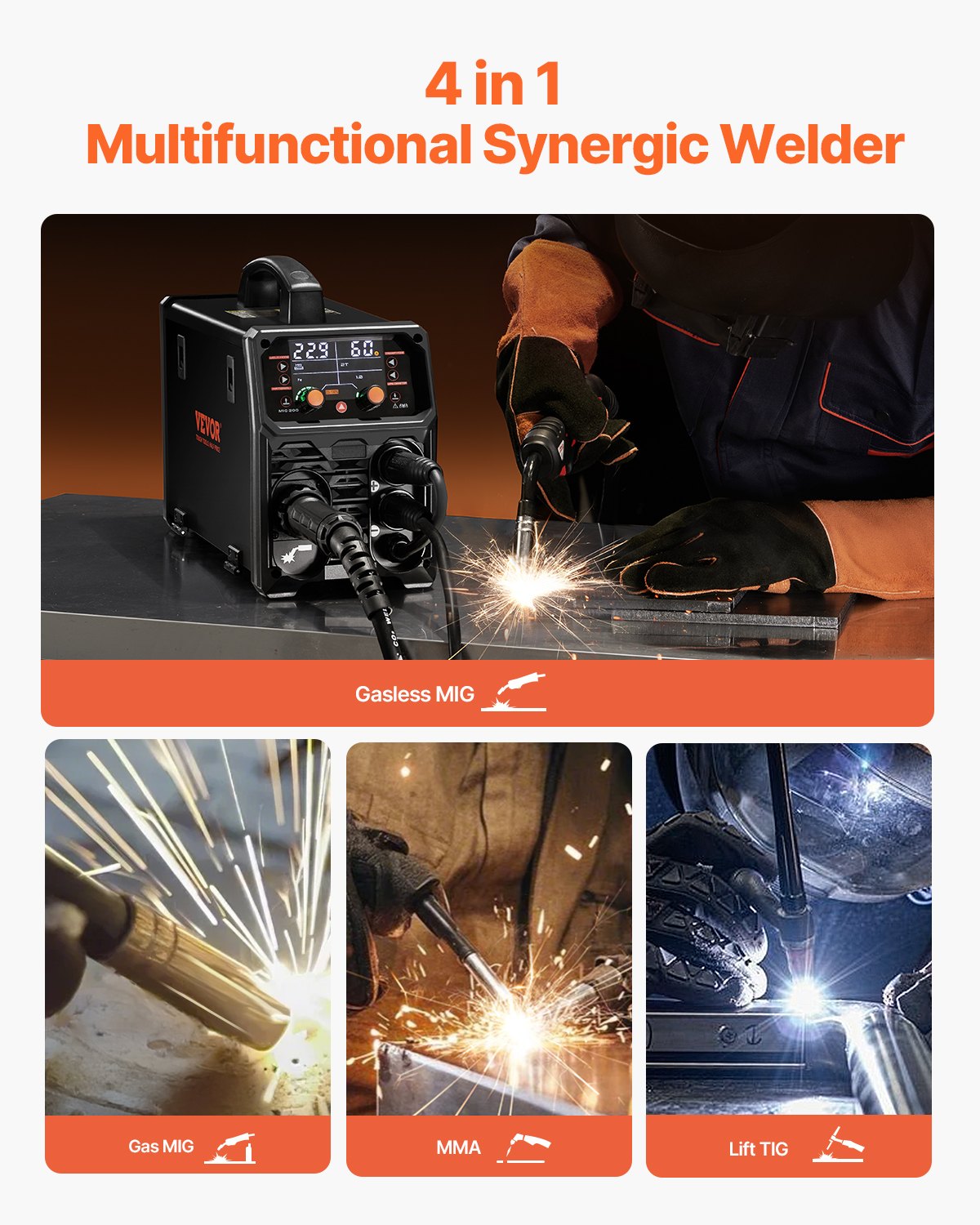 200A 4-in-1 MIG Welder Synergic Gas MIG/Flux Core/Stick/Lift TIG IGBT Inverter