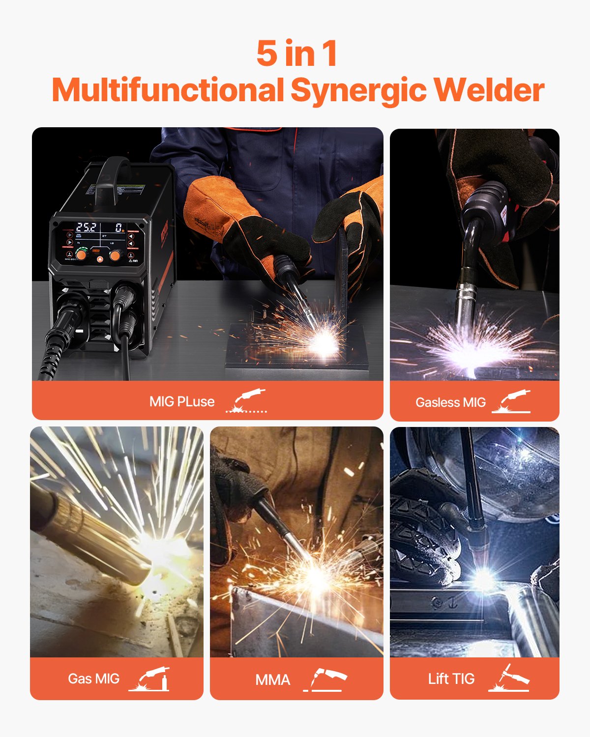 Pro MIG Welder 200A 5-in-1 Synergic MIG/Flux Core/Stick/Lift TIG with IGBT LCD