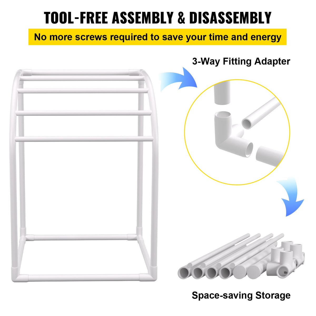 Pool Towel Rack 5-Bar Milky Freestanding PVC Outdoor Storage with Clips Mesh Bag