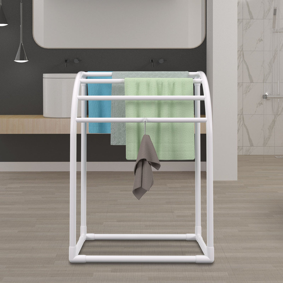 Pool Towel Rack 5-Bar Milky Freestanding PVC Outdoor Storage with Clips Mesh Bag