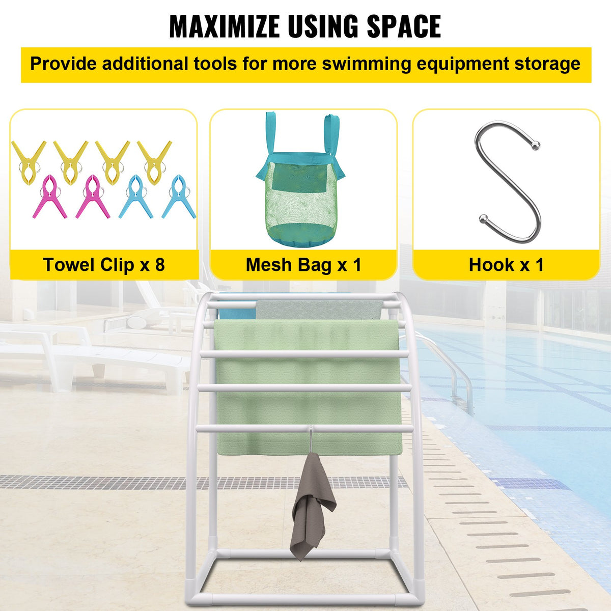 Outdoor Towel Rack 7-Bar Curved White Freestanding Pool Patio