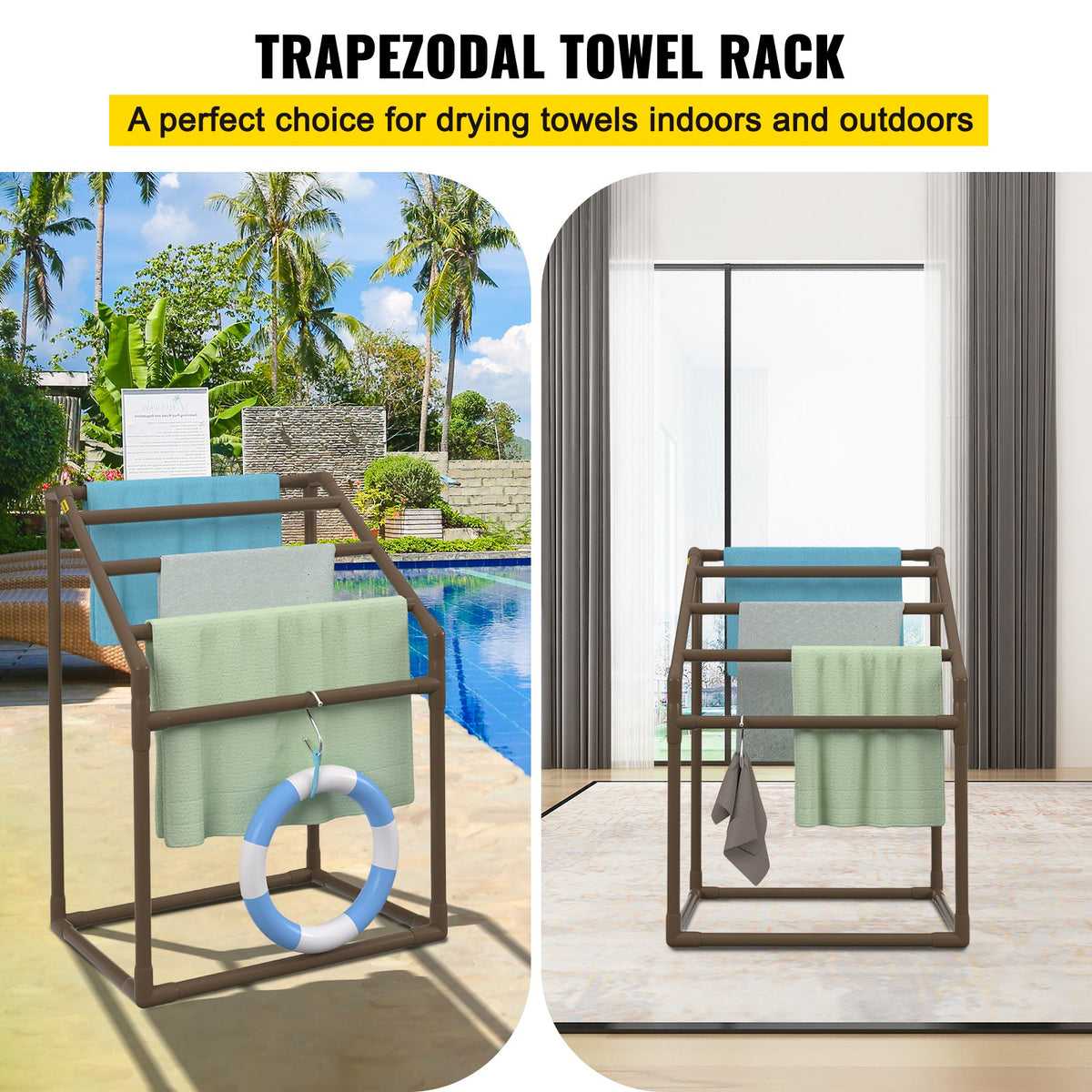 Pool Towel Rack 5-Bar Brown Freestanding PVC Outdoor Storage with Clips Mesh Bag