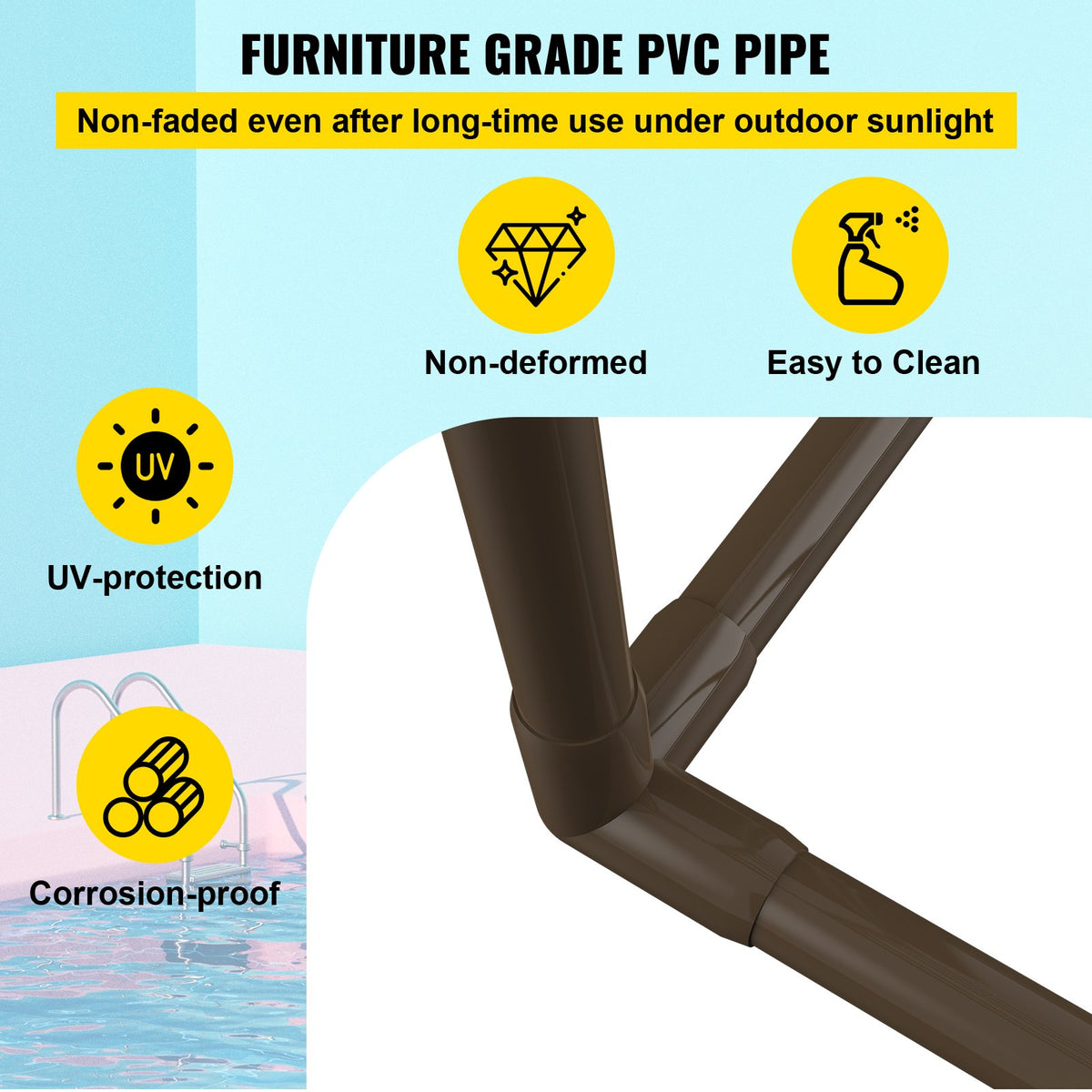 Pool Towel Rack 5-Bar Brown Freestanding PVC Outdoor Storage with Clips Mesh Bag