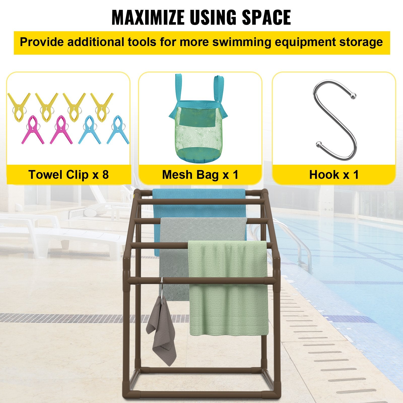 Pool Towel Rack 5-Bar Brown Freestanding PVC Outdoor Storage with Clips Mesh Bag