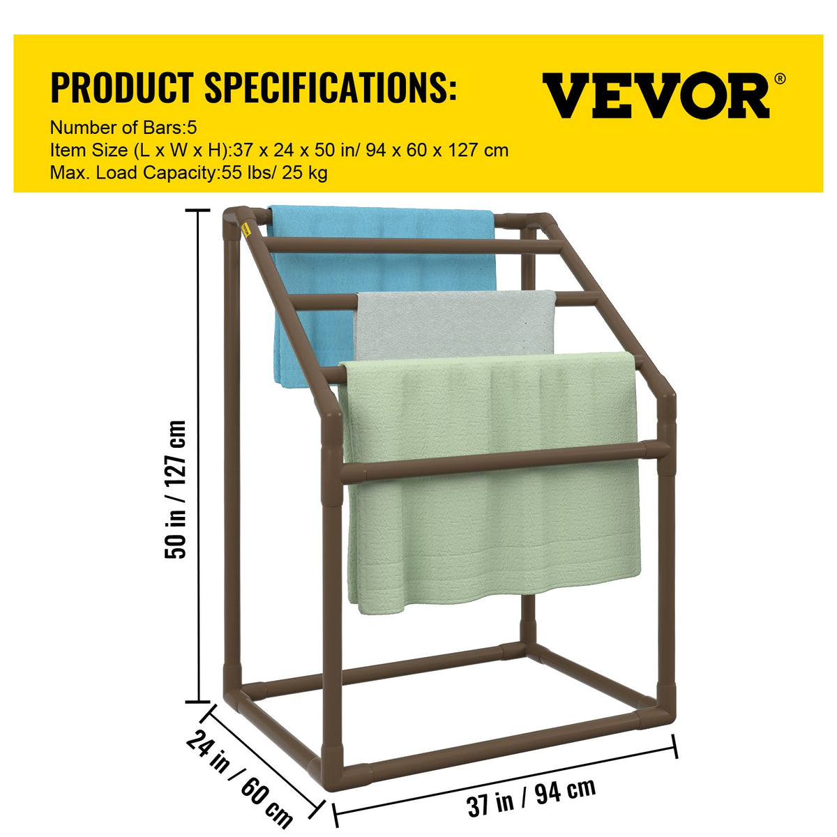 Pool Towel Rack 5-Bar Brown Freestanding PVC Outdoor Storage with Clips Mesh Bag