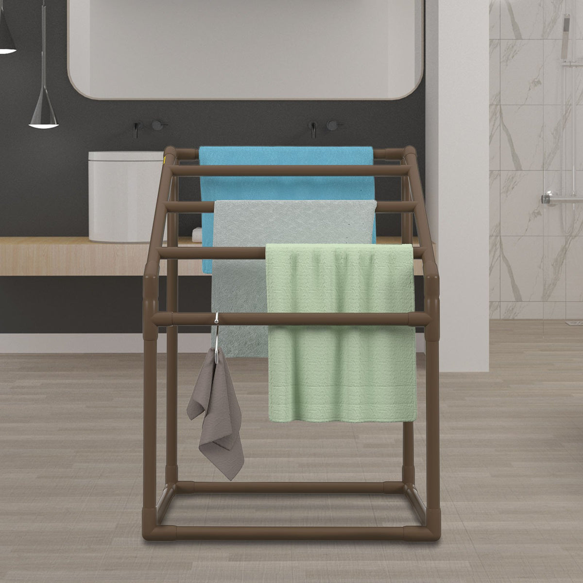 Pool Towel Rack 5-Bar Brown Freestanding PVC Outdoor Storage with Clips Mesh Bag