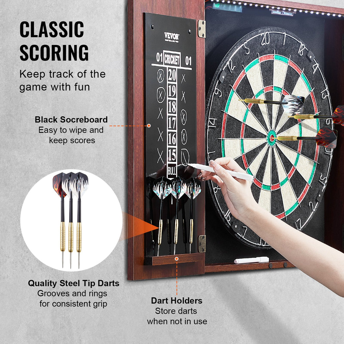 Official Size 18" Dartboard Cabinet Set LED Light Steel Tip Game Bundle